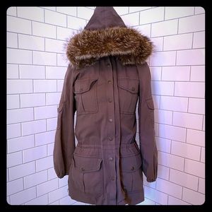 Alice+Olivia Green/Brown Coat, Fur Hood & Vest, XS